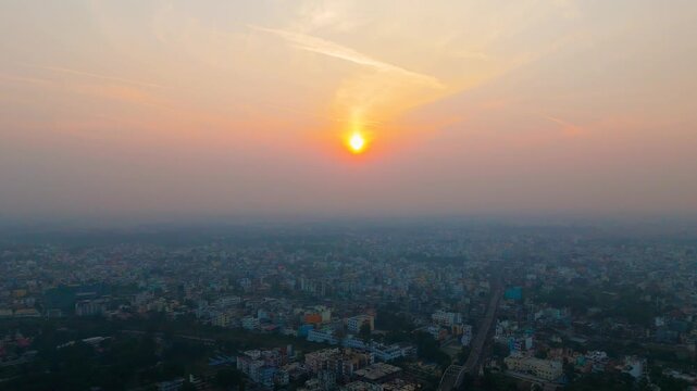 Top down Buildings and Apartment with Multiple Building aerial. Urban Buildings and Apartment at bridge road at Delhi. Cinematic cityscape drone shot. Noida Buildings.