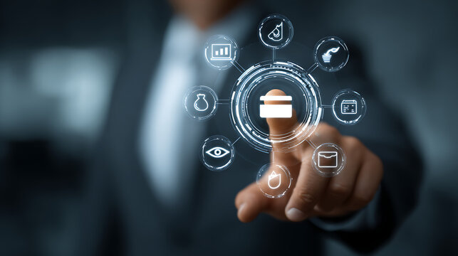 Person touching digital financial network with glowing icons business finance - Powered by Adobe