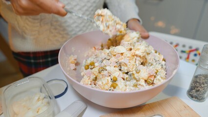 Refreshing potato and ham salad in glowing candle ambiance