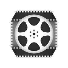 Film reel in folded film strip frame. Cinema symbol. Filmmaking equipment icon. Vector illustration