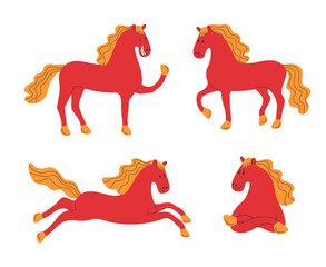 Cute hand drawn red horses set. New Year 2026 Horse symbol. Cartoon pony. Vector illustration