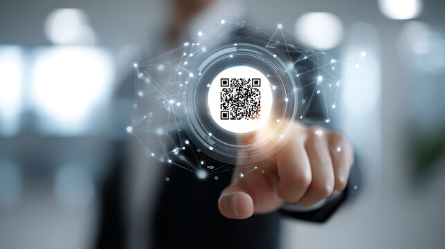 Person touching holographic qr code with digital network hologram technology - Powered by Adobe
