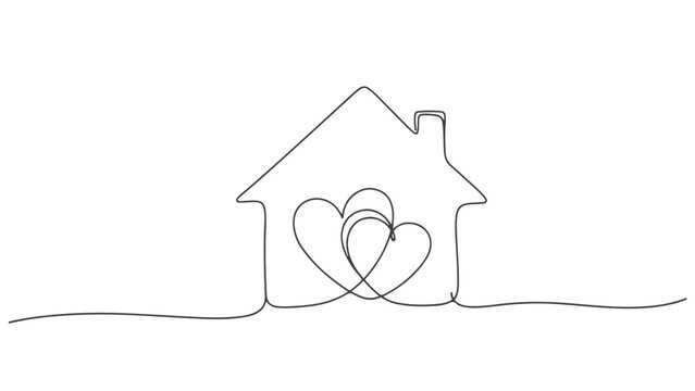 Continuous line drawing of a house with two intertwined hearts inside, symbolizing love, home, and family connection.