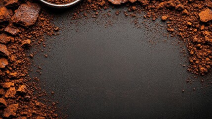 Rich Coffee Grounds on Dark Surface with Empty Space for Text