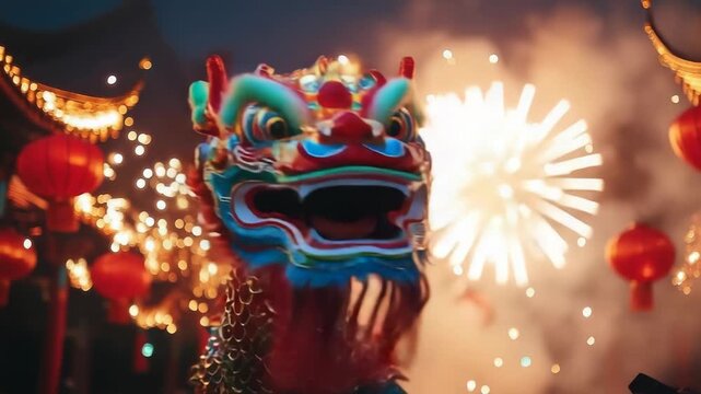 Dragon dance performance under glowing fireworks in the night sky during Chinese New Year, celebrating tradition, culture, and the spirit of 2026.