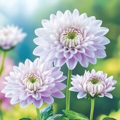 Beautiful White Chrysanthemums Blooming in Lush Green Background