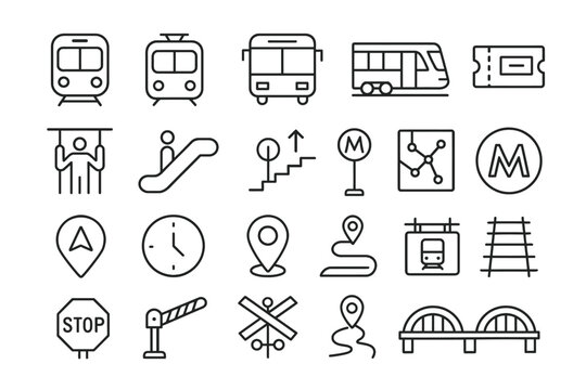 Public transport icons: trains, buses, tickets, maps, and stops.