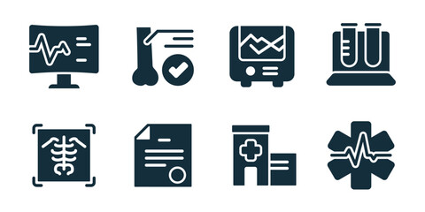 Medical diagnostics excellent icon collection. Set of monitor, bone exam, lab chart, test tubes, xray, document, hospital, and emergency star icons