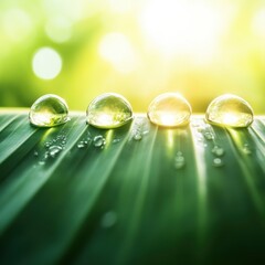 Fresh Dew Drops on Green Leaf Surrounded by Soft Natural Light