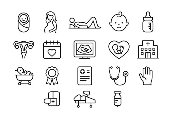 Pregnancy and childbirth icons: stroller, ultrasound, baby bottle, hospital, newborn.