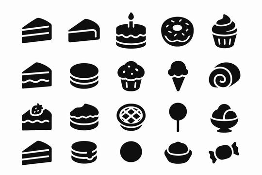 Silhouette icons of various desserts and pastries in black and white.