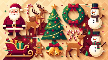Fototapeta premium 平面デザインのカラフルなクリスマスアイコンセット