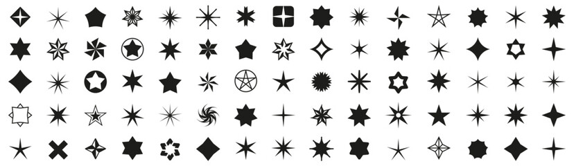 Collection of geometric star and spark symbols in bold shapes. Sharp silhouettes create dynamic decorative accents