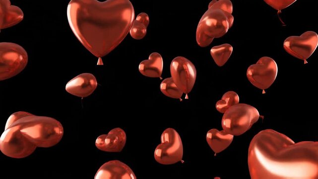 Chaotic 3D animation of reflective copper foil heart-shaped balloons floating upwards on an isolated pure black screen with bright dramatic lighting.