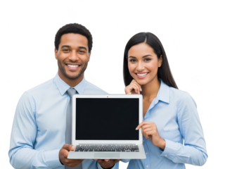 Smiling business professionals presenting a laptop isolated on transparent background