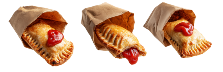 Set of Australia baked meat hand pie  with ketchup topping wrapped in paper bag, on white background, concept of takeaway snack
