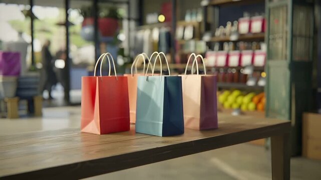 Holiday shopping season. Retail business promotion concept. A closeup shot of a wooden table with a row of colorful shopping bags on it. The bags are of varying sizes and colors, including red.