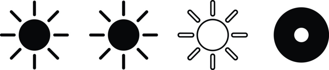 Various vector icons illustrating sun, light intensity, and brightness control, suitable for app interfaces, weather forecasts, and user settings menus.