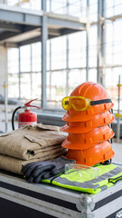Stack of orange hard hats with yellow safety goggles, protective work uniforms and high visibility vest on construction site. Essential PPE personal protective equipment for building workers safety.