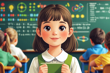 A cheerful student girl with a bright smile poses for a portrait inside a classroom. Other blurred children and a chalkboard background are visible.