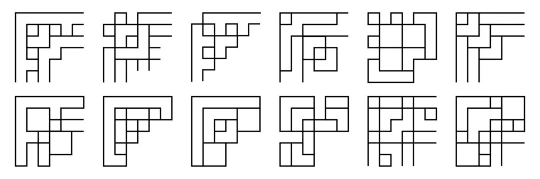 Abstract angular corner frames with stepped geometric structure. Sharp lines create architectural and modern borders