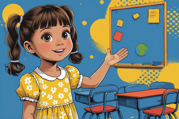 A cheerful student girl with a bright smile presents content on a classroom chalkboard. She actively points towards the board in an educational school environment.