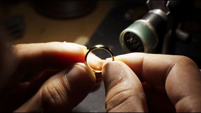 Close-up of a jeweler holding and examining a gold wedding ring. Handcrafted jewelry creation, repair, and inspection. Dark background.