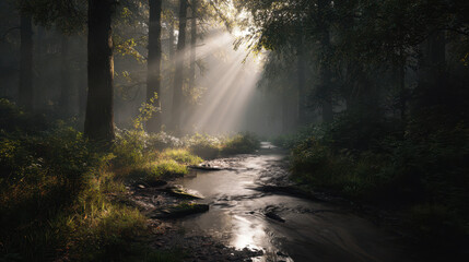 Fototapeta premium Sunlight streaming through trees over a serene stream forest landscape nature photography tranquil environment peaceful viewpoint