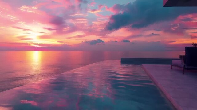 A vivid, highresolution digital artwork depicting a serene sunset over a tranquil body of water. The sky is painted in a gradient of pink, purple, and blue hues.