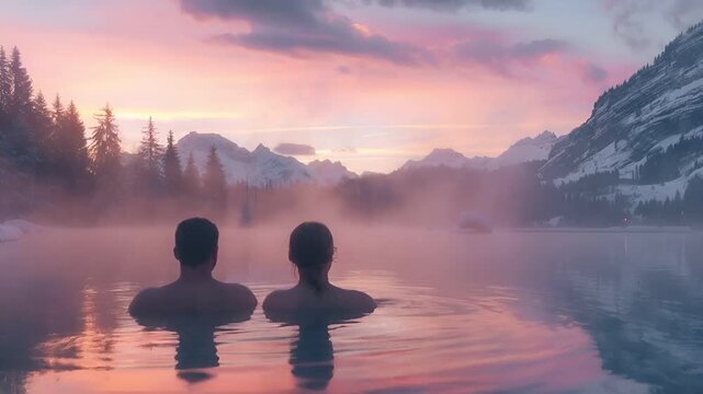 Hot spring vacation relaxation. A digital artwork depicting two individuals immersed in a misty, serene body of water during sunset. The sky is painted in hues of pink, purple, and blue.