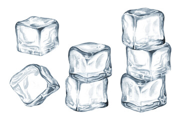 Ice cubes, crystal ice blocks set, Hand drawn watercolor illustration, isolated on white background