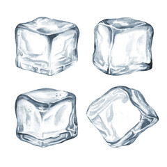 Ice cubes, crystal ice blocks set. Hand drawn watercolor illustration isolated on white background