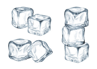 Ice cubes, crystal ice blocks set. Hand drawn watercolor illustration, isolated on white background