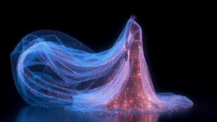 Flowing abstract energy form with blue light trails and glowing particle core rising in dark space showing motion dynamics and digital art aesthetics - Powered by Adobe