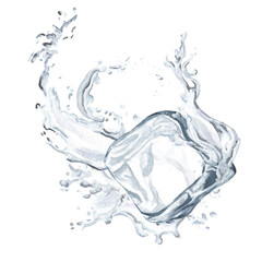 Ice cube, and splash of crystal water. Hand drawn watercolor illustration isolated on white background