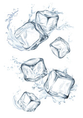 Ice cubes and splash of crystal water. Hand drawn watercolor illustration isolated on white background