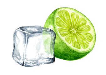 Fresh citrus Lime and Ice cubes, crystal ice blocks. Hand painted watercolor illustration isolated on white background