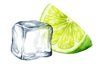 Fresh citrus Lime and Ice cubes, crystal ice blocks. Hand drawn watercolor illustration isolated on white background