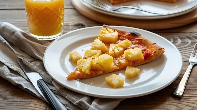 A closeup of a slice of pineapple pie on a white plate. The pie has a goldenbrown crust with diced pineapples and a red sauce. The pineapple slices are arranged in a circular pattern.