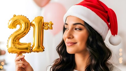 Santa Hat 21st Birthday with Pink Balloons and Festive Indoor Decor