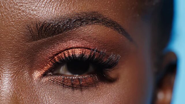 Macro View of Eye on Deep Ebony Skin with Long Eyelashes and Bold Shadow 4K