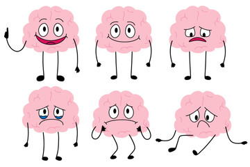 Happy and sad cartoon brain set. Brain with low charge, depression, burnout, lack energy and power with high energy. Stock vector illustration isolated on white background.	