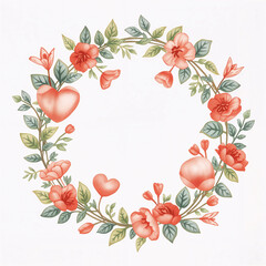Floral heart shaped frame decorated with flowers and leaves on a white background