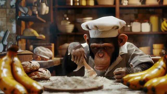 A monkey in a chefs hat and lab coat is seen in a kitchen setting, surrounded by a variety of fruits and bread. The monkeys expression is contemplative.