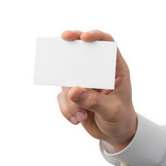 Obraz premium Human hand holds blank white business card for text or design placement against transparent background