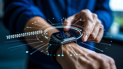 Smartwatch displaying digital data and binary code technology concept