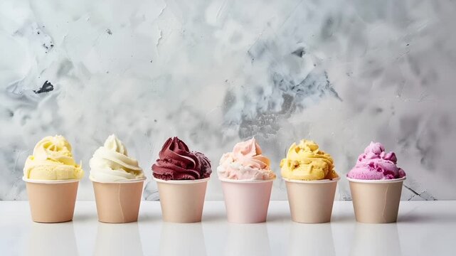 A collection of ice cream flavors displayed in a row against a marbled background.