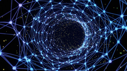 Abstract Technology Network Tunnel with Blue Nodes and Connections