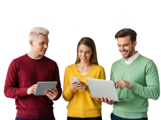 Three young people using digital devices, isolated on transparent background