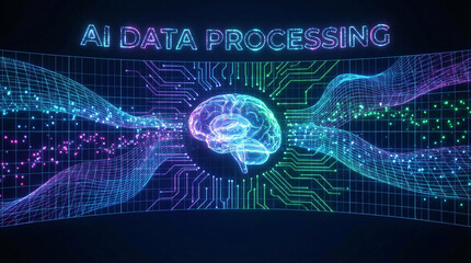 AI Data Processing Concept with Neon Brain and Circuitry